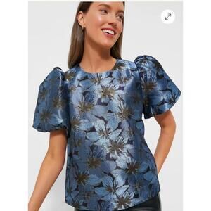 NWT Pomander Pearl Blue Floral Puff Sleeve Top Size L